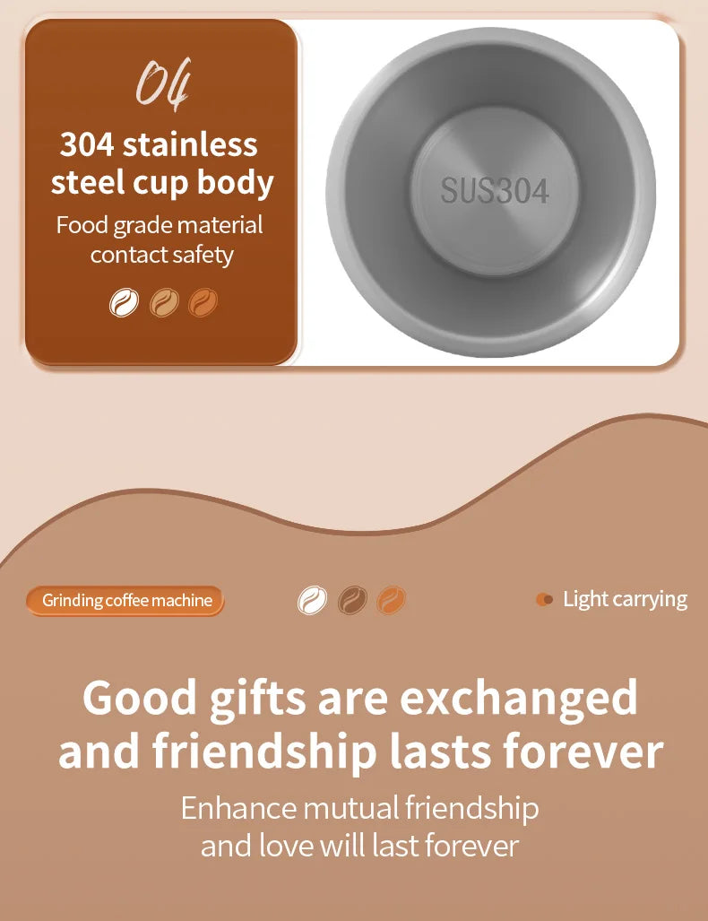 Food-grade 304 stainless steel coffee grinder cup body, silver, durable portable design for grinding coffee machines.