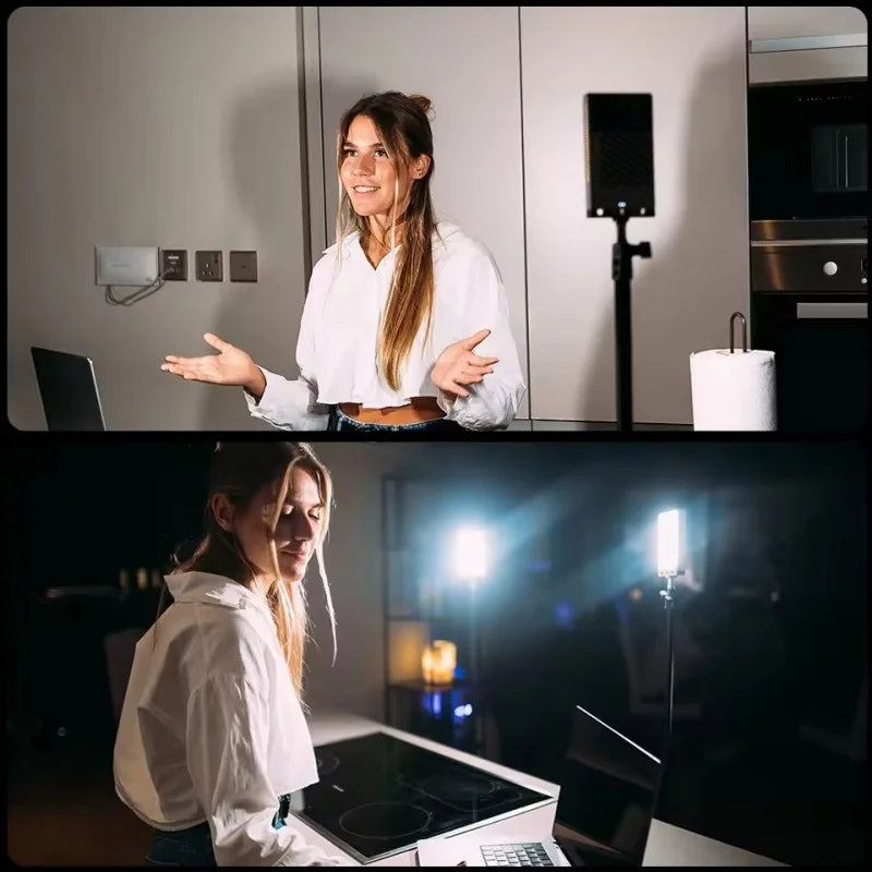 Rectangular LED panel light on an adjustable tripod stand, providing bright illumination for video calls and recording.