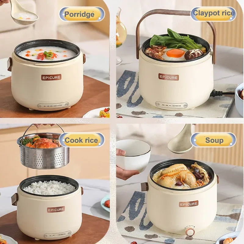 White mini electric cooking pot with handle, showing open lid and steaming contents.