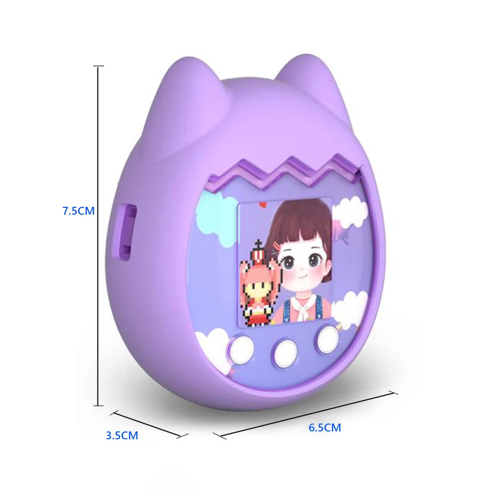Purple silicone shockproof cover for Tamagotchi Pix virtual pet, features protective cat-ear design for safe gaming.