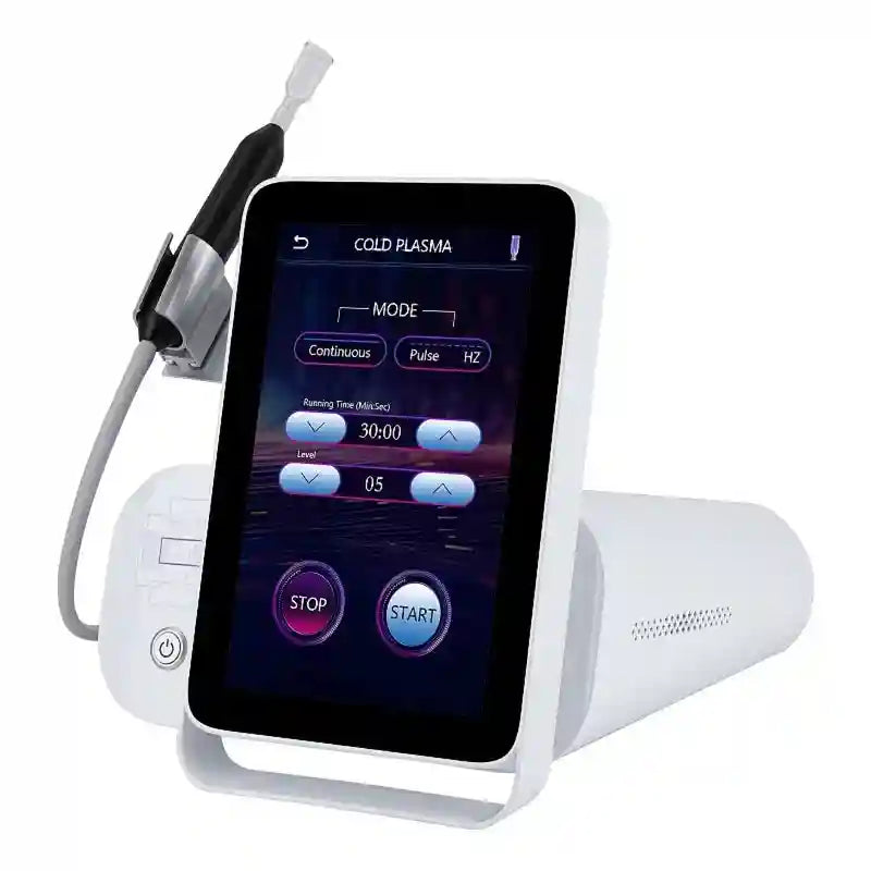White cold plasma pen machine with touchscreen display for facial skin repair, acne treatment, and anti-aging.