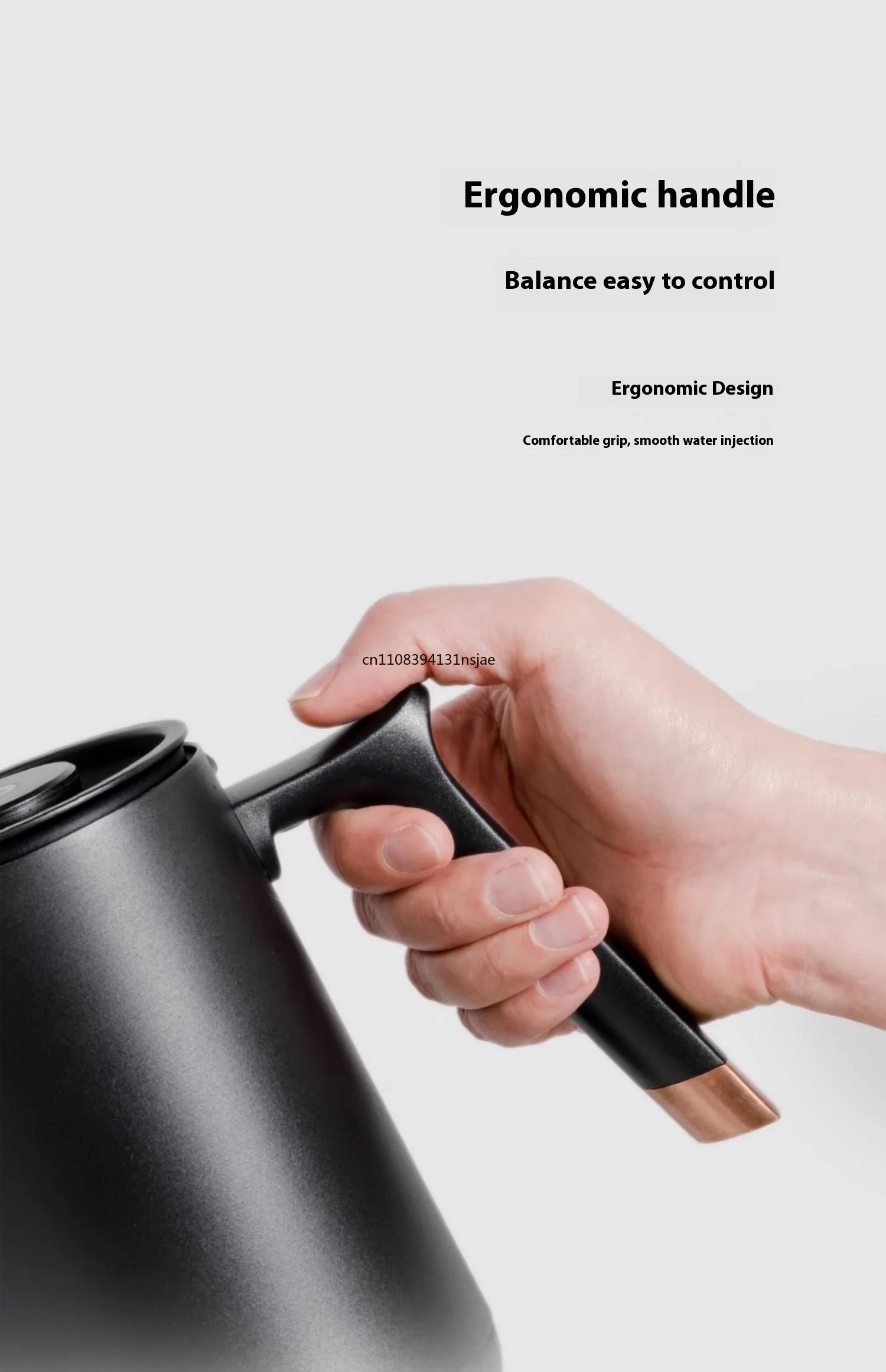 Hand holding a black matte gooseneck coffee kettle with ergonomic handle and copper-toned accent.