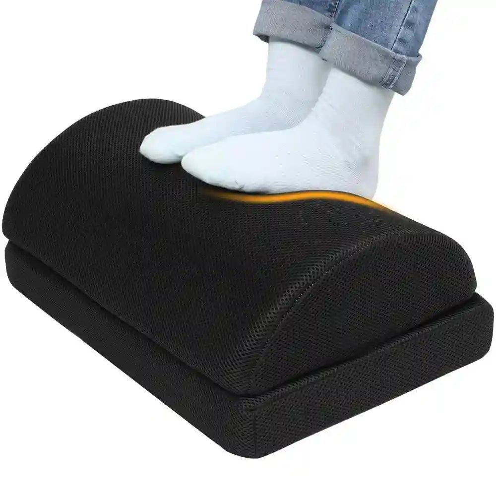 Black adjustable memory foam under desk foot rest for office and gaming chairs for back and hip pain relief.