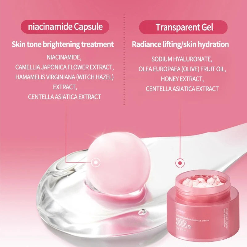 Pink cream jar with capsules, highlighting a single pink capsule in transparent gel and key ingredient callouts.