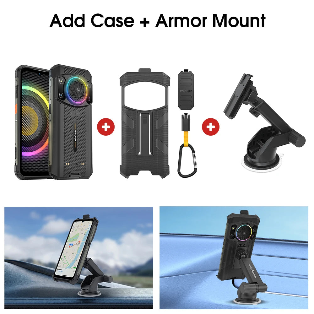 Ulefone Armor 21 rugged phone bundle with protective case, carabiner, and suction mount for dashboard navigation.