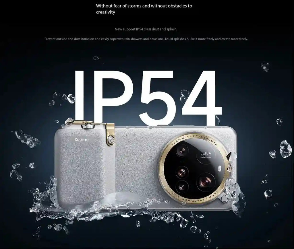 Silver Xiaomi smartphone with a large, circular gold-rimmed camera lens, protected by an IP54 dust and splash rating.