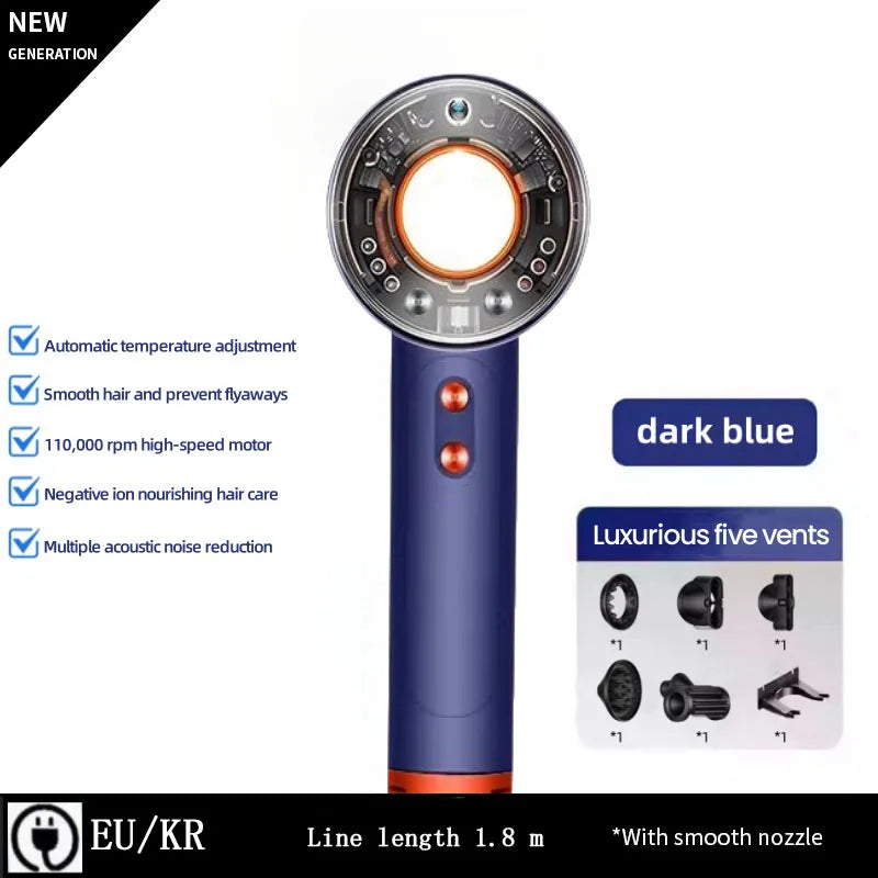 Dark blue high-speed ionic hair dryer with 5 attachments for professional fast drying and quiet hair care.