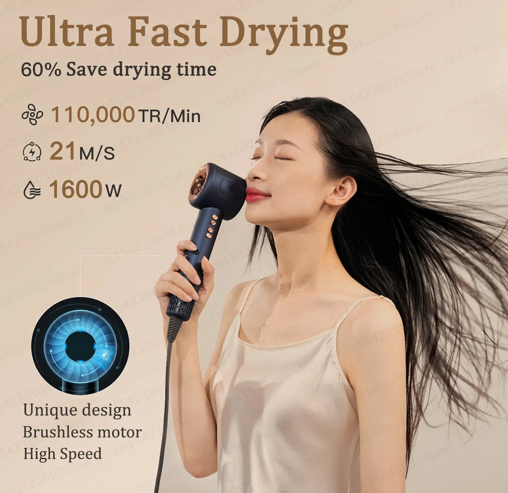 Woman using a 1600W navy and rose gold leafless ionic hair dryer for fast, professional home styling.