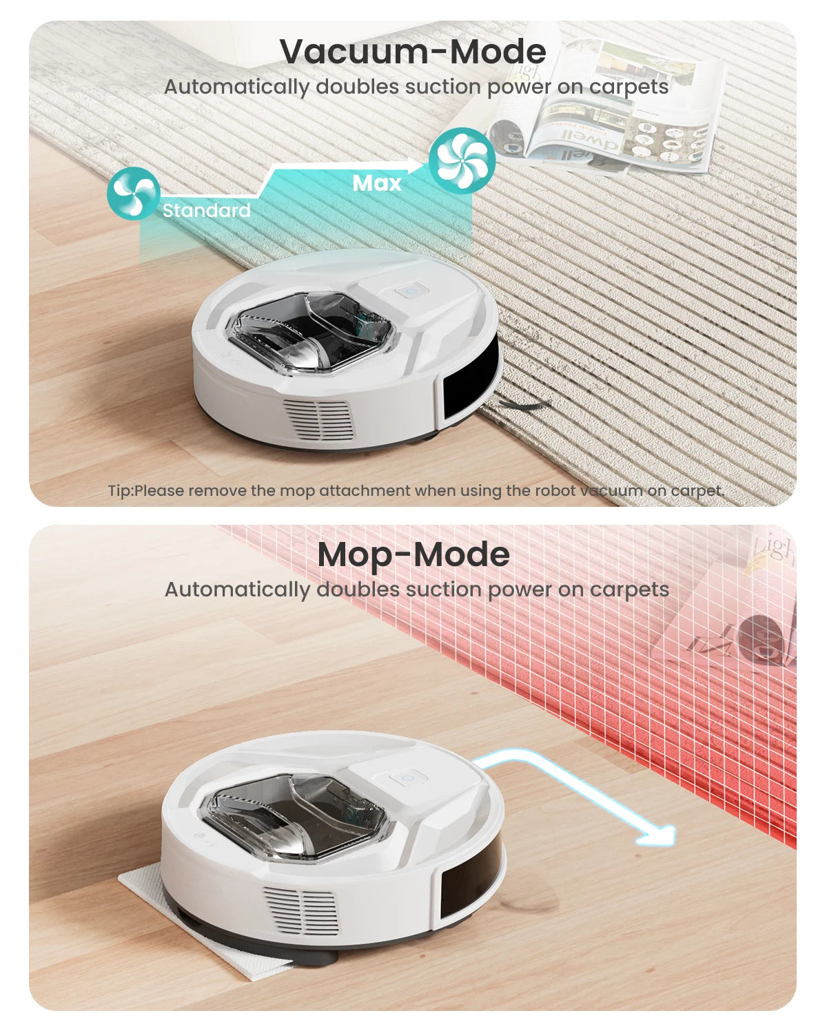 Tidesmit Lefant M320 Robot Vacuum showing self-charging base and carpet detection sensors, side profile view.