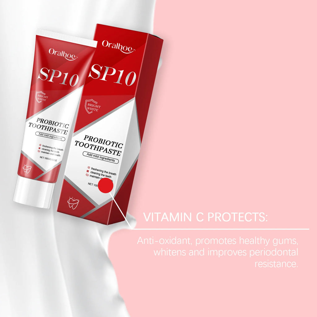 Tidesmit SP-10 probiotic whitening toothpaste for plaque removal, stain whitening, and fresh breath oral hygiene.