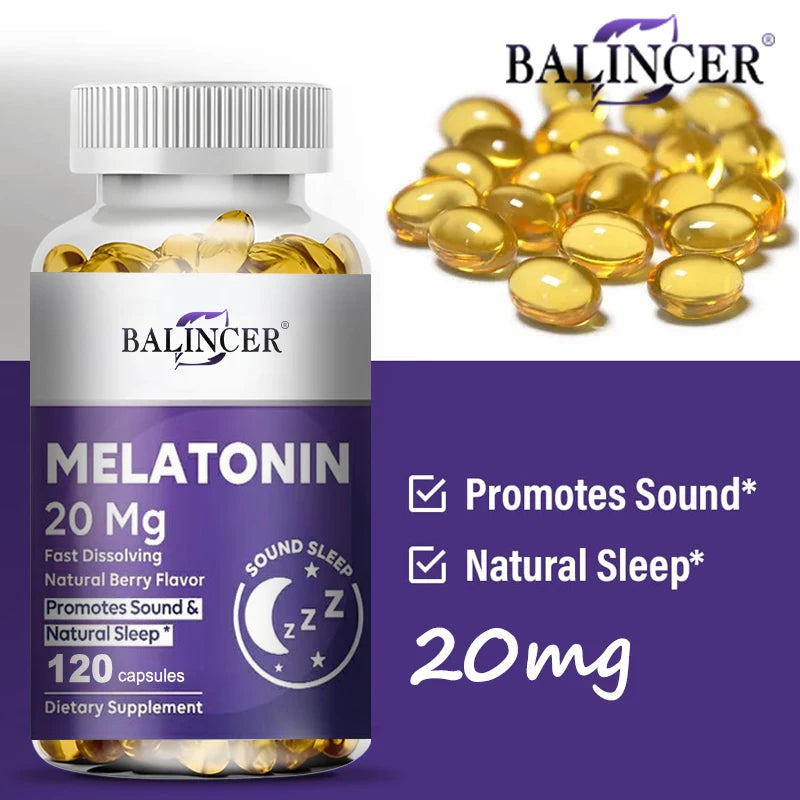 Melatonin 20mg Capsules, Natural Sleep Aid, Fall Asleep Faster, Improves Sleep Quality, Deep Sleep, Relaxation, Vegan