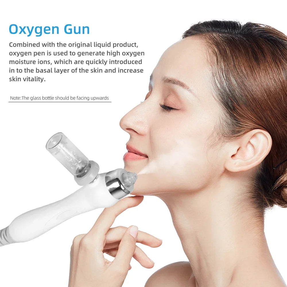 Woman using a professional white oxygen facial spray gun for deep cleansing and skin rejuvenation skincare treatment.