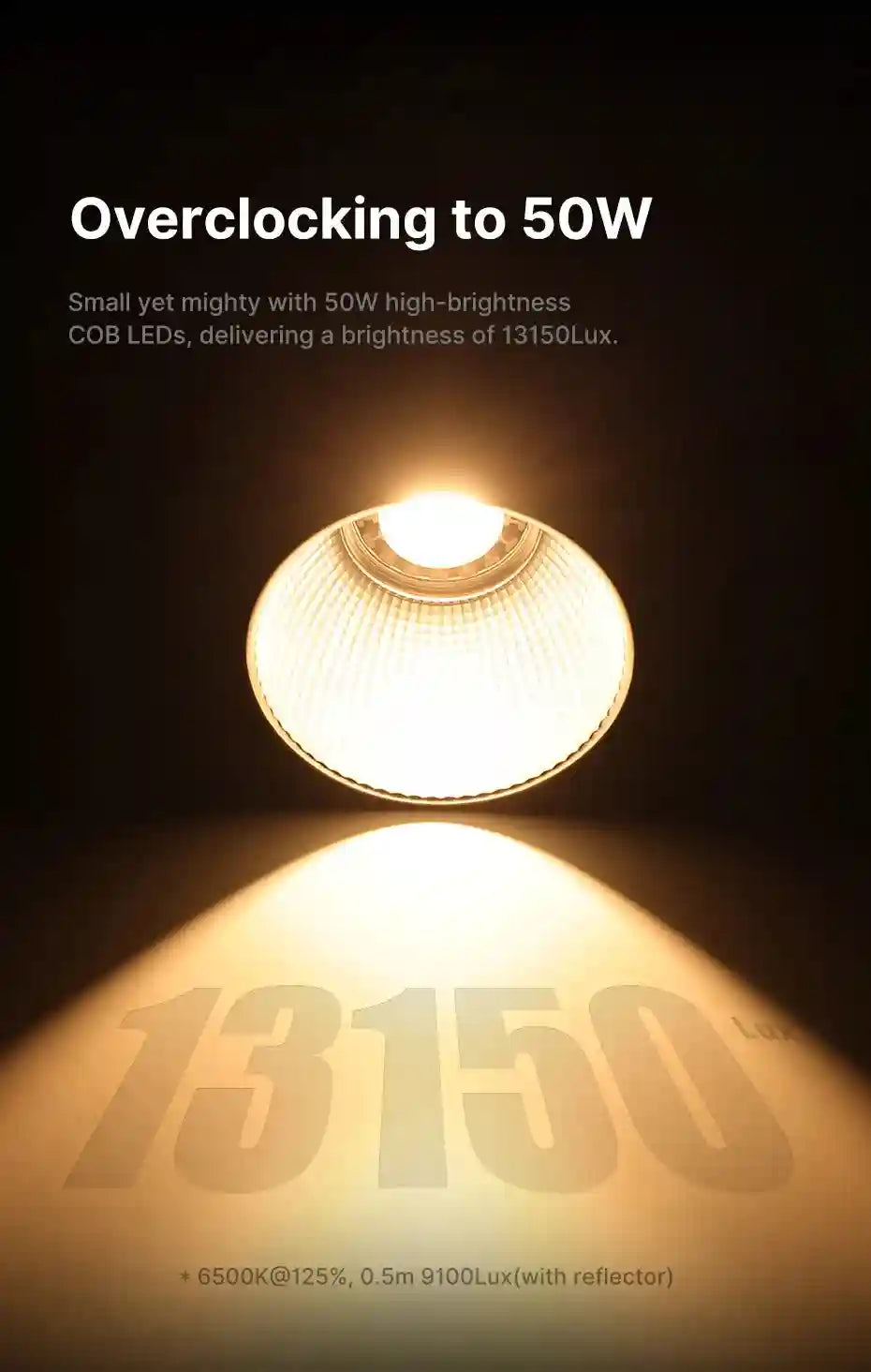 50W COB LED light with a reflective cup, emitting a bright, warm beam onto a surface displaying 13150 lux text.