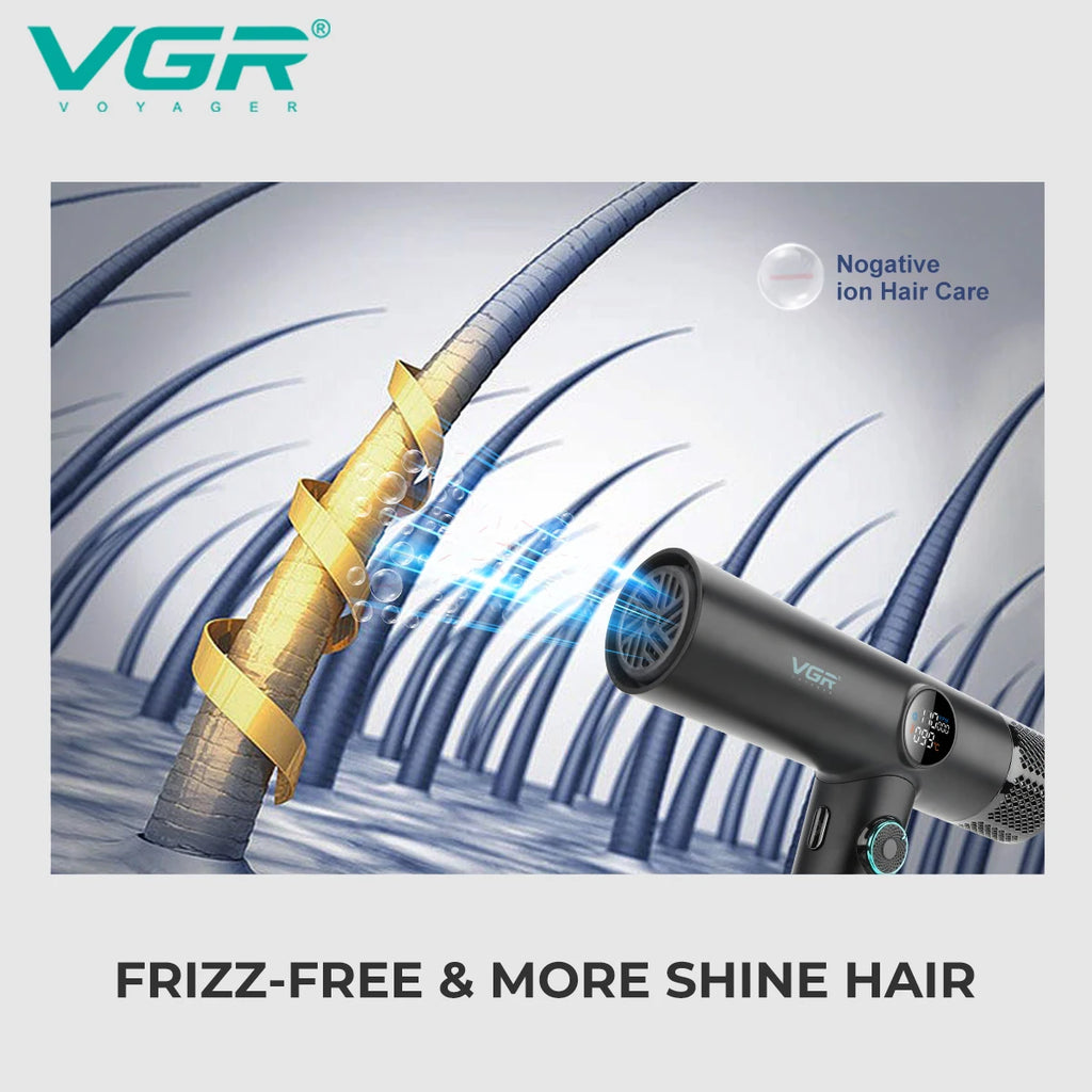 VGR V-401 professional ionic hair dryer in matte black, featuring digital display and frizz-free smoothing technology.