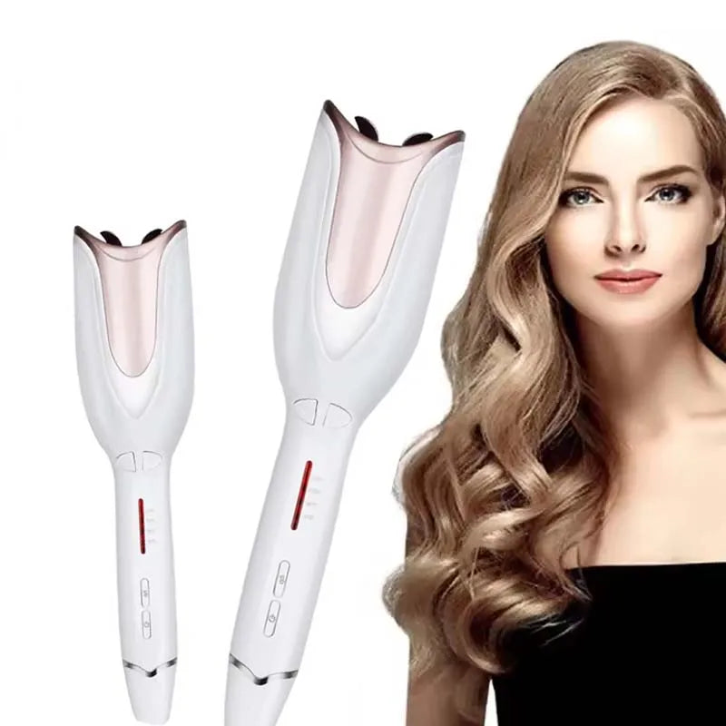White and rose gold automatic hair curler for professional beach waves and salon-quality curls at home.