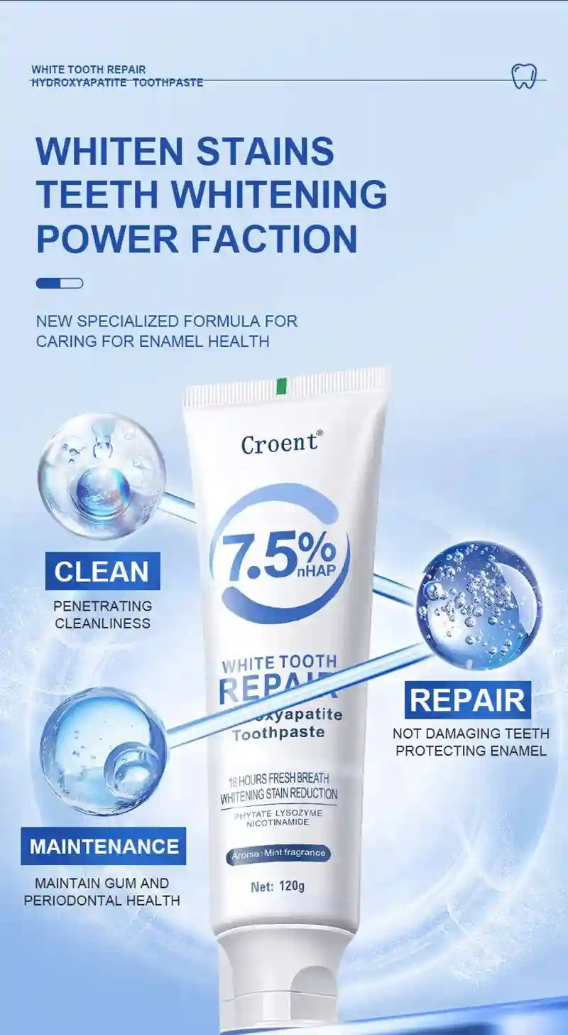 Tidesmit 120g whitening toothpaste with hydroxyapatite for plaque removal, gum health, and stain brightener.