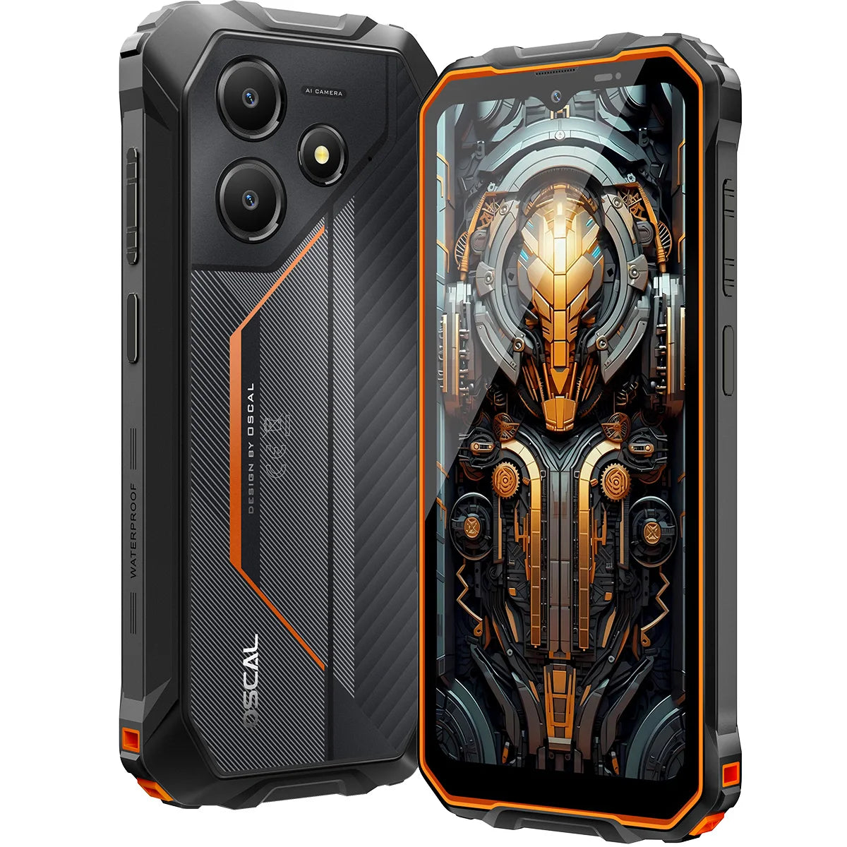 Blackview OSCAL Marine 2 rugged smartphone, black and orange design, dual-view, AI camera, 11000mAh battery.