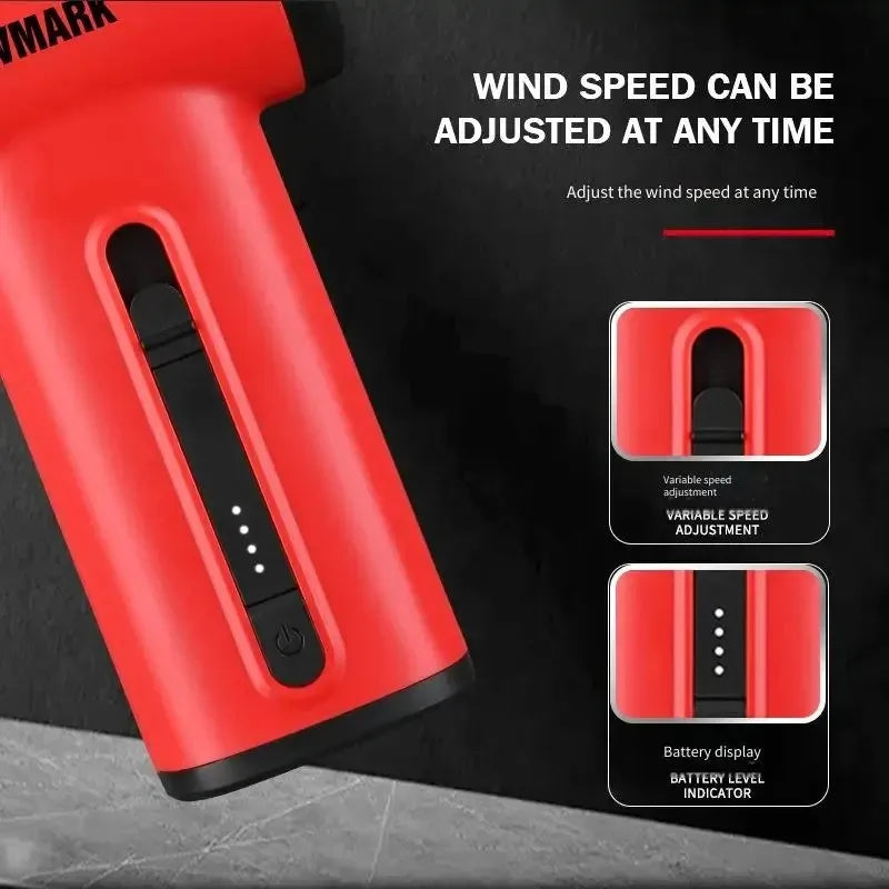 WMARK cordless red hair dryer with adjustable speed slider and LED battery level indicator for precision styling.