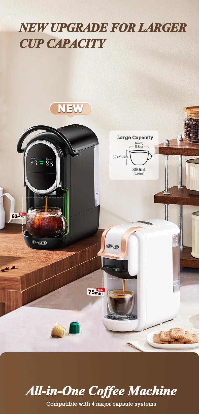 Cafelffe all-in-one capsule coffee machine in black and white with 350ml cup capacity and digital display.