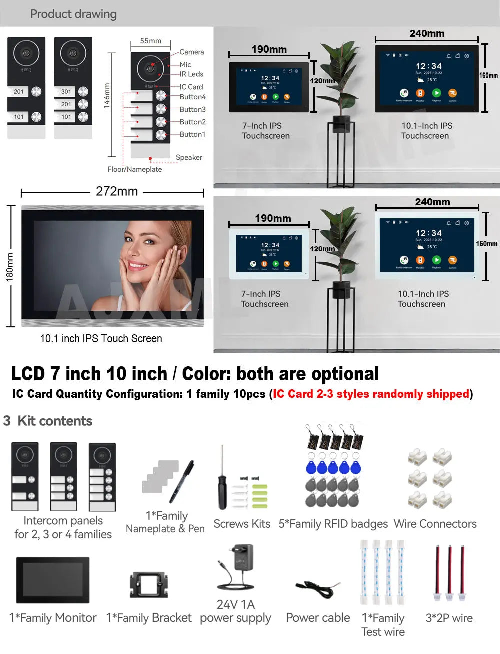 7" Touch Monitor Tuya WIFI Video Building Intercom System 2 Wire Cable Port 2-4 Units Apartment Video Door Phone Doorbell Kits
