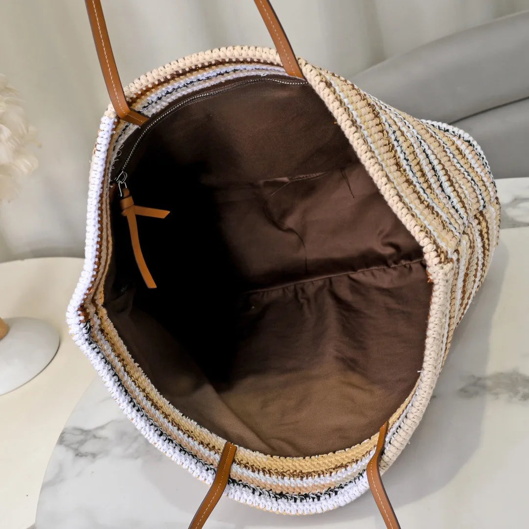Fashion Woven Straw Tote Large Capacity Beach Resort Style Bag Women Contrast Stripes Shoulder Handbag Luxury Designer