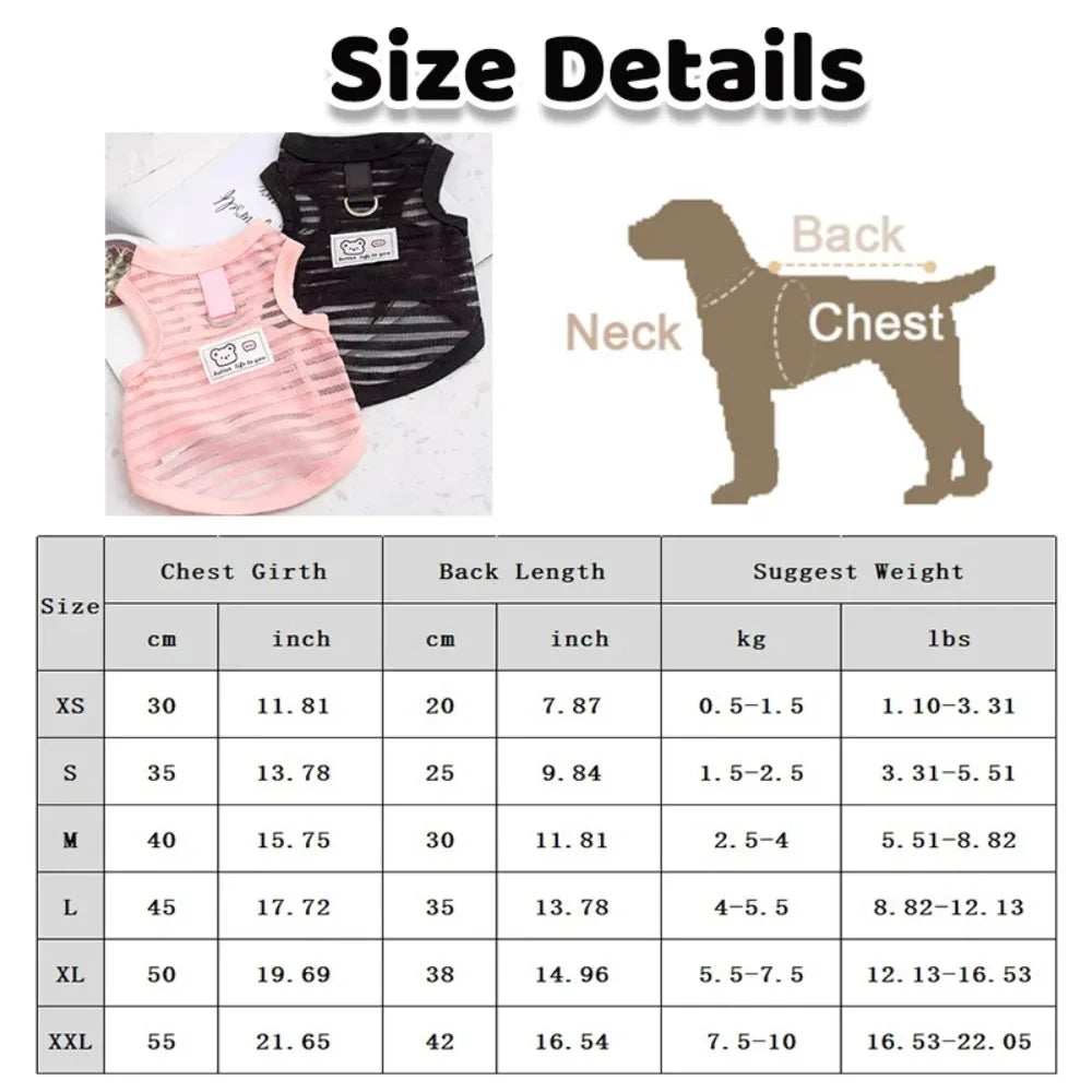 Breathable summer cooling vest for dogs in black and pink with size guide for small to medium breeds.