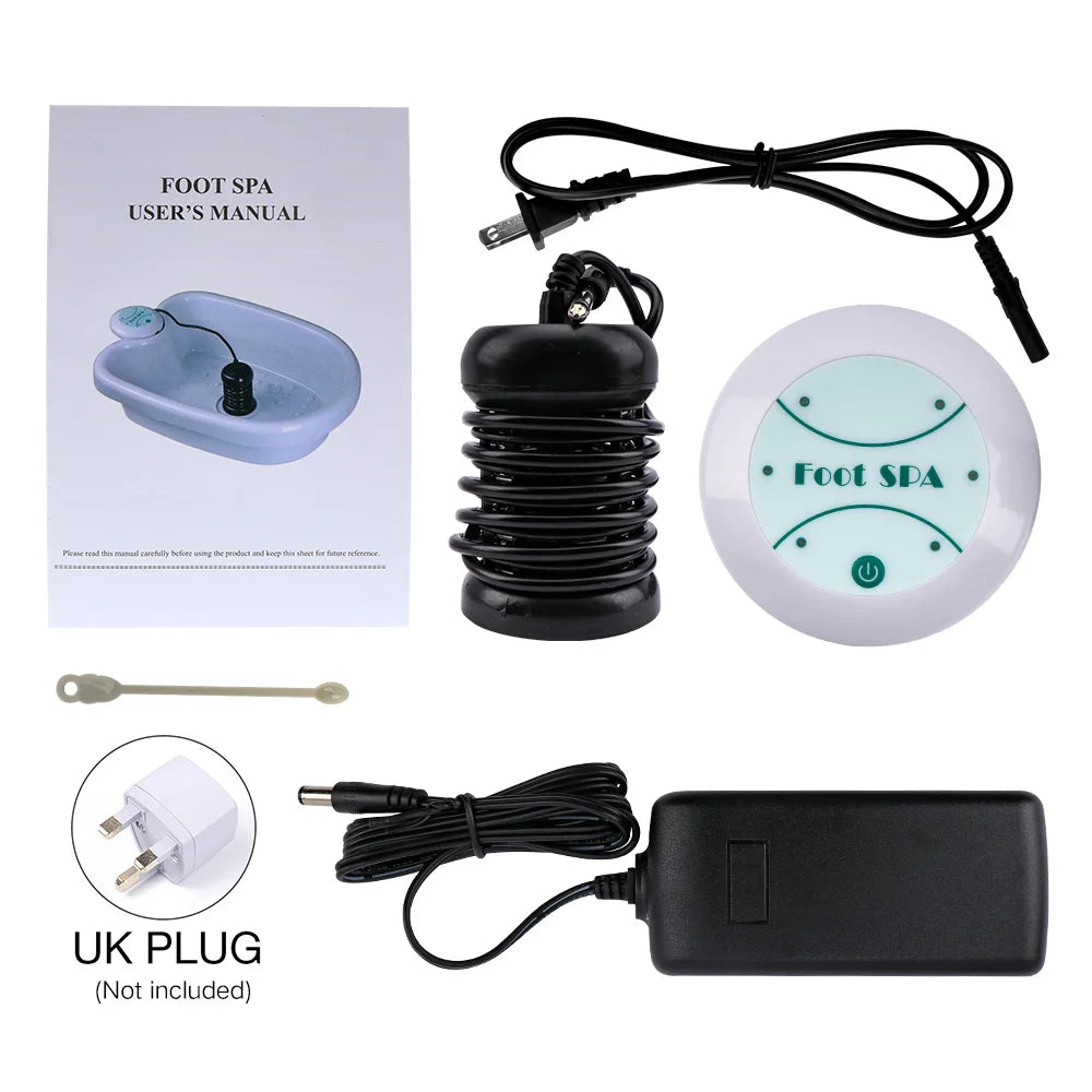 Ionic foot bath detox machine kit with control unit, black ion array, power supply, and user manual for spa treatment.