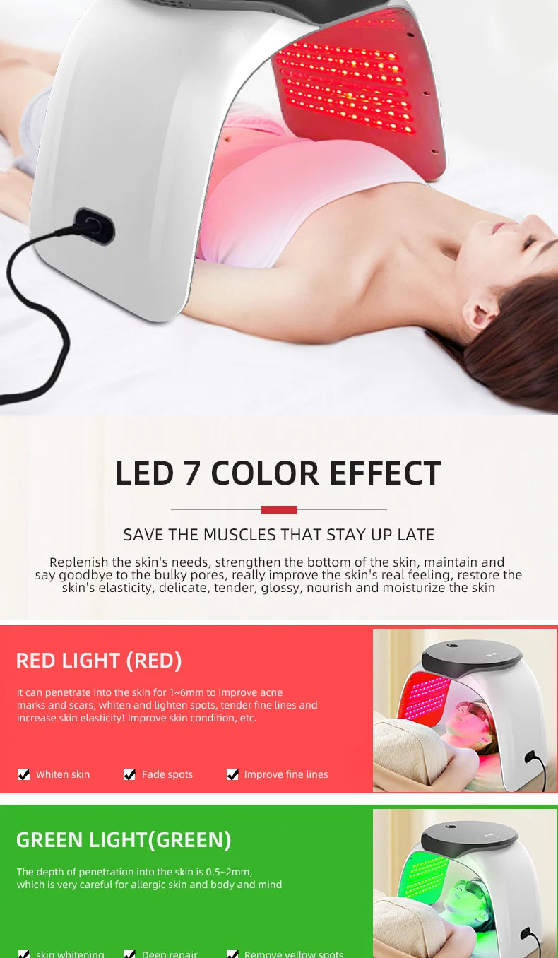 7-color LED facial therapy mask for skin rejuvenation with red and green light settings for home skincare treatment.