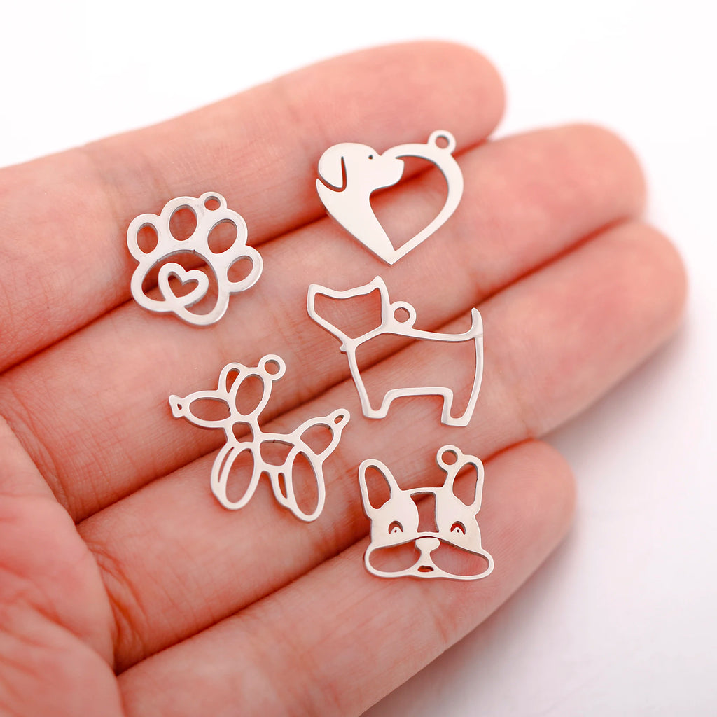 5 silver stainless steel dog and paw charms for DIY pet-themed jewelry making, necklaces, and bracelets.