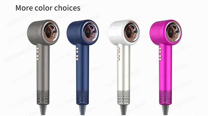 Four 1600W leafless negative ion hair dryers in grey, blue, white, and pink with modern, sleek styling design.