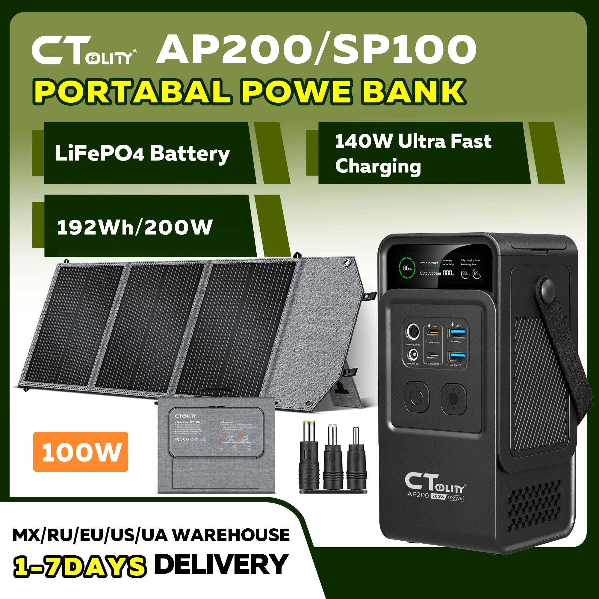 CTOLITY AP200 200W 195Wh 60000mAh Portable Power Station Outdoor Solar Generator Lifepo4 Battery USB TYPE-C SP100 100W Flexible Solar Panel Camping Travel