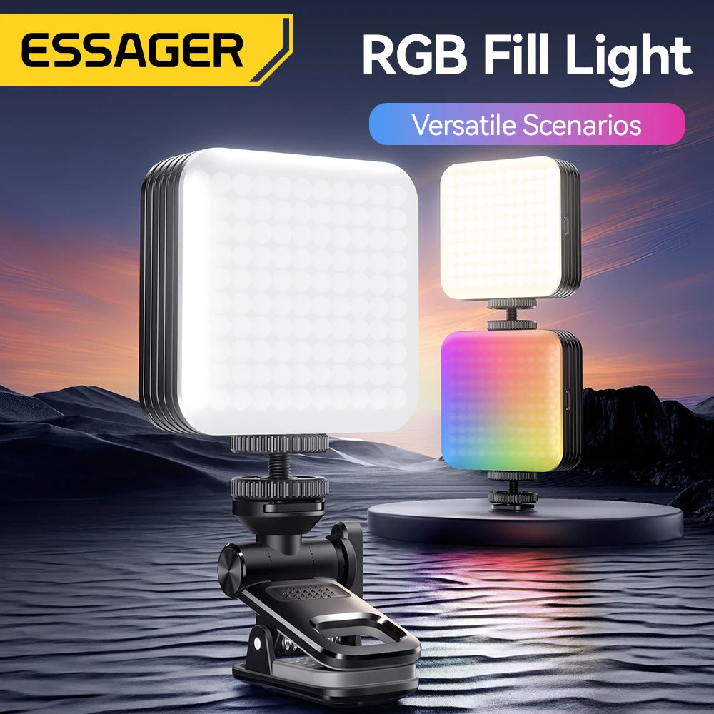 Small square RGB LED fill light with a black clip mount for camera or phone photography and video lighting.