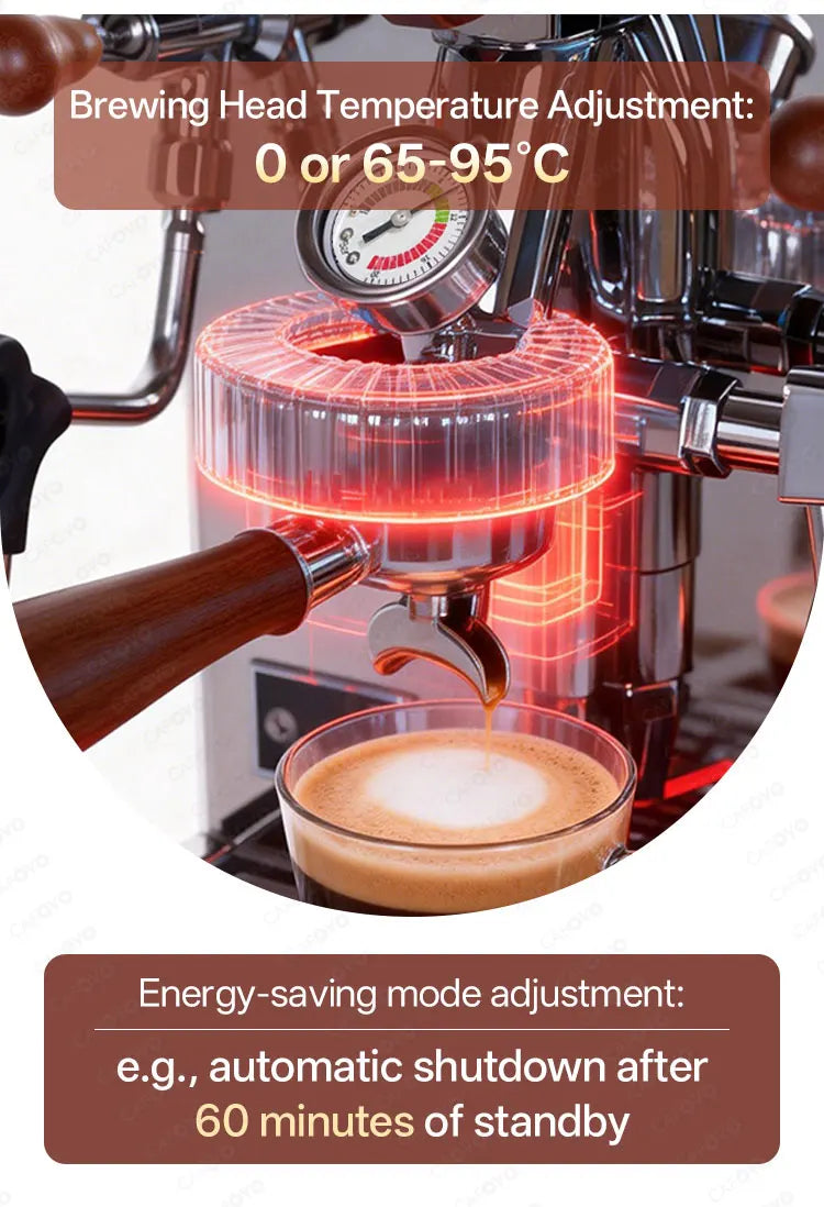 Cafoyo espresso machine with chrome finish, wooden handle, and digital temperature gauge brewing coffee into a cup.