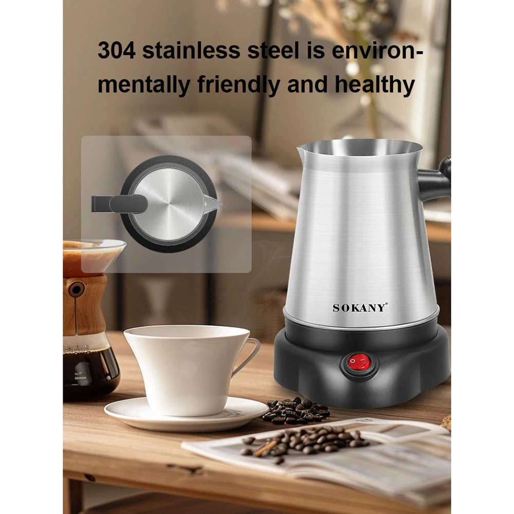 Sokany 304 stainless steel electric coffee and tea maker with a black power base and top-down view inset.