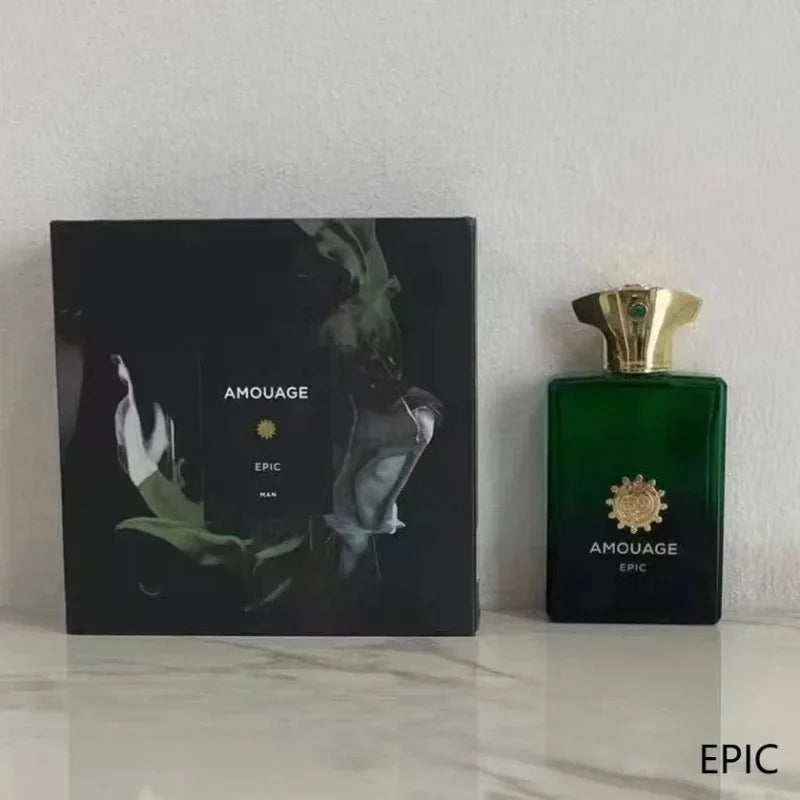 Amouage Epic Man 100ml Eau de Parfum: luxury green glass bottle, woody, spicy, masculine fragrance with golden cap.