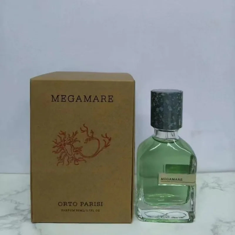 Orto Parisi Megamare unisex parfum, 50ml. Green oriental woody scent in a clear glass bottle with rustic cap.