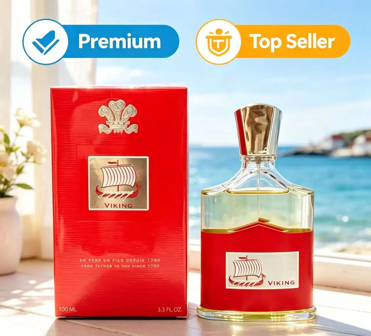 Creed Viking Eau de Parfum for men: red bottle, square design, luxury spray fragrance. Authentic 100ml Creed cologne.
