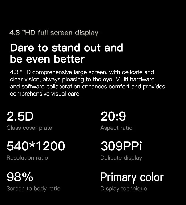 SOYES F9 Max mini smartphone features: 4.3-inch HD full screen, 2.5D glass, 20:9 aspect ratio, 540x1200 resolution.