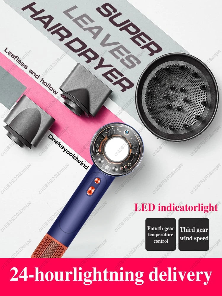 Blue leafless ionic hair dryer with magnetic styling attachments, LED temp control, and wind speed settings.