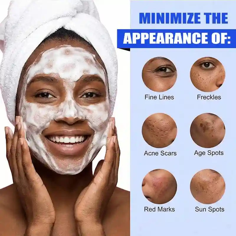 Smiling person wearing white head towel and AFCARE cleansing mousse, next to text about minimizing skin imperfections.