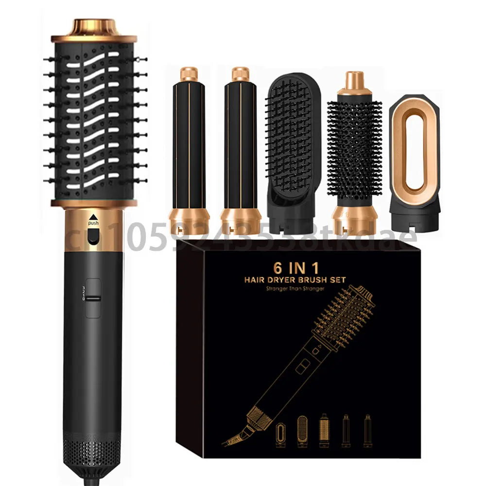 6-in-1 negative ion hair dryer brush and curling iron set in black and gold with multiple styling attachments.