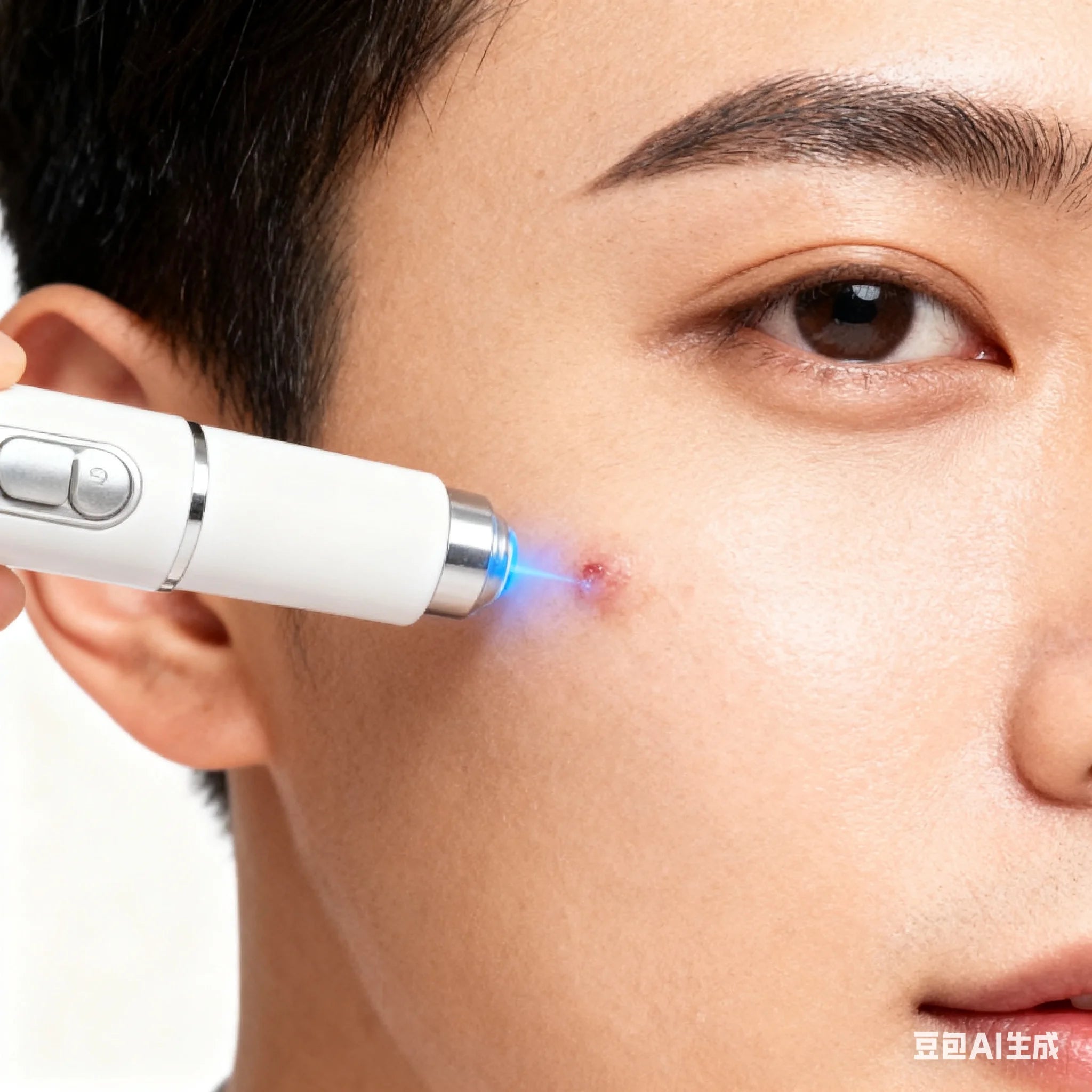A white handheld skin device emitting a blue light laser onto a small blemish on a person's cheek.