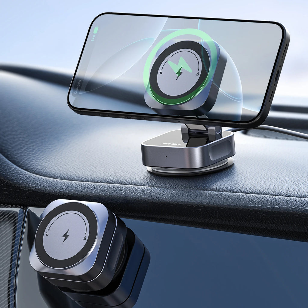 Wireless Car Charger Vacuum Suction Stand - Qi Certified for iPhone 16 Gray Tidesmit