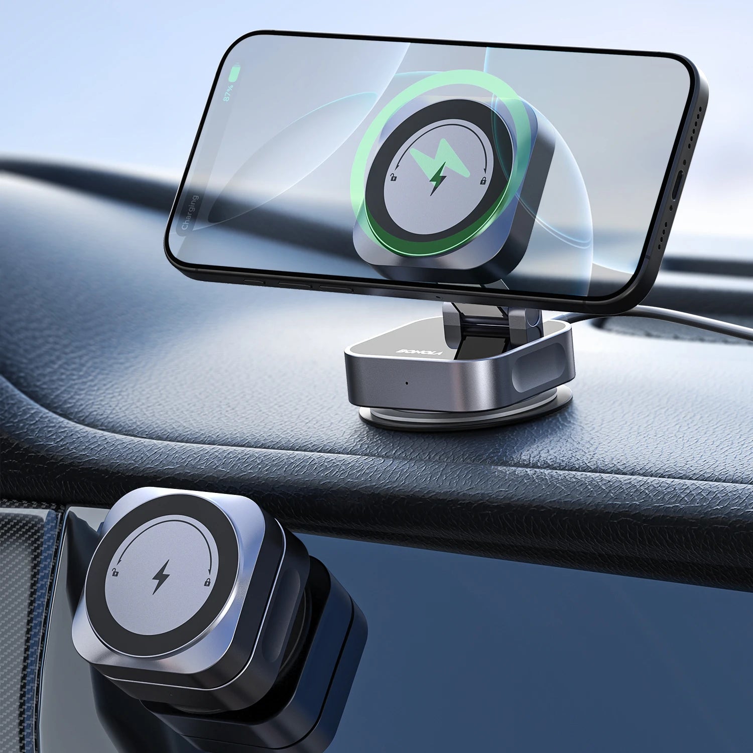 Wireless Car Charger Vacuum Suction Stand - Qi Certified for iPhone 16 Gray Tidesmit