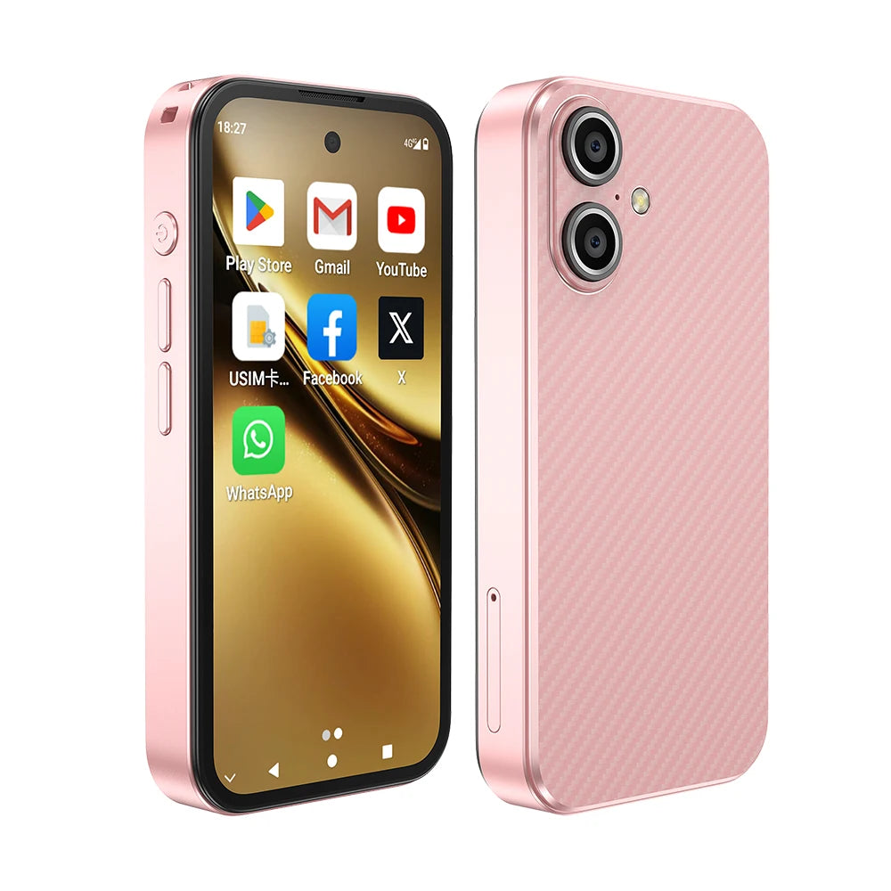 UNIWA Q333 mini 4G Android smartphone in pink, showing front screen display and textured back camera view.