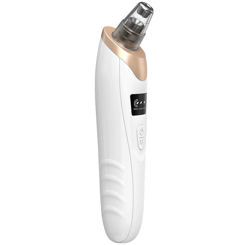 White and gold electric blackhead remover with a transparent suction nozzle, power button, and LED screen.