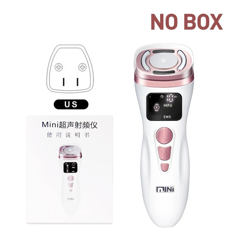White and rose gold handheld facial skin tightening device with an LCD display, control buttons, and a user manual.