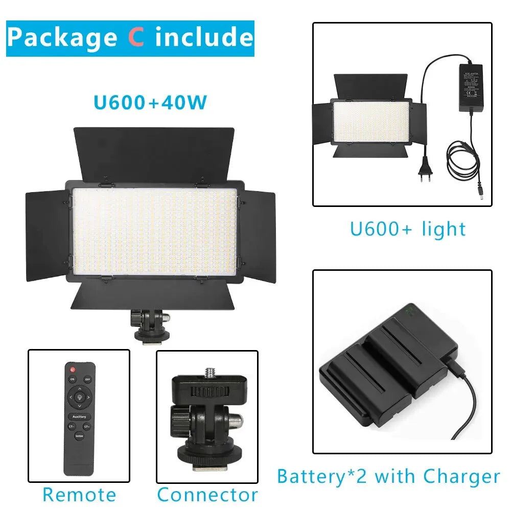 U600 40W LED panel light kit with barn doors, remote, mounting connector, two batteries, and charging adapter.