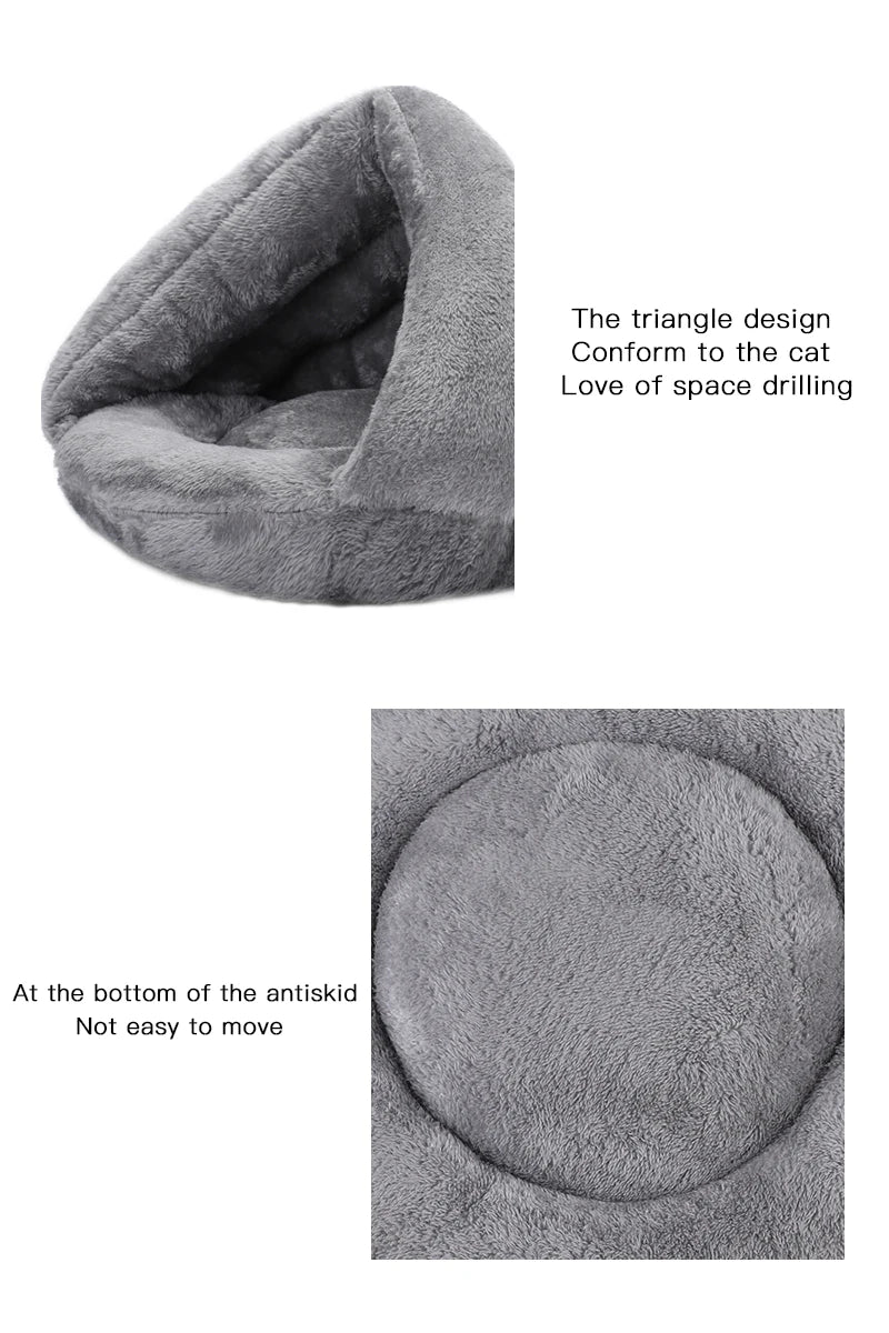 Washable grey plush dog and cat bed with cozy triangle cave design and non-slip bottom for warm, secure pet sleeping.