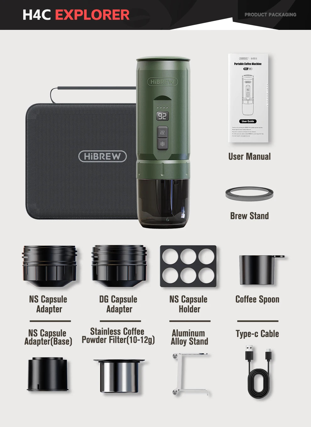 HiBREW H4C Explorer portable coffee maker set in olive green with capsule adapters, filter, stand, and travel case.